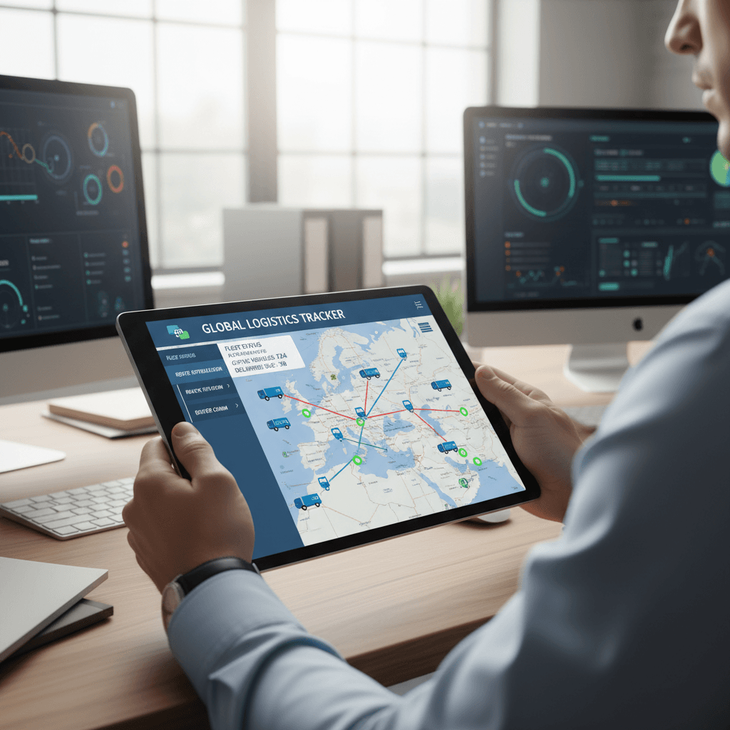 Hands holding tablet with vehicle transport tracking information