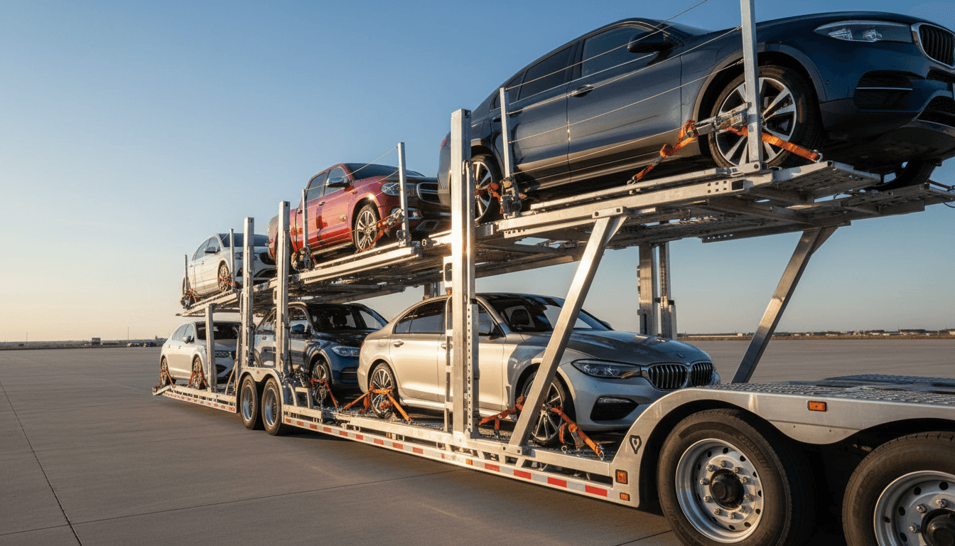 Professional car hauler truck loaded with secured vehicles ready for transport